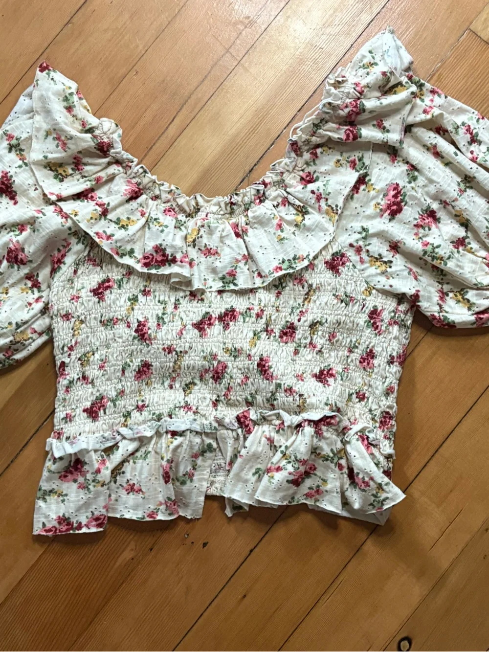 Free People White Floral Smocked Ruffle Peasant Blouse
